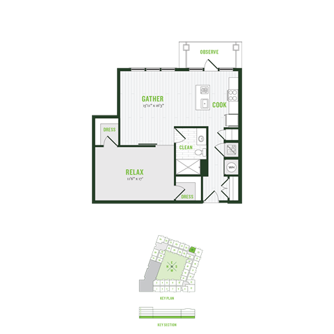 Floor plan for 1 bed, 1 bath, 864 sqft