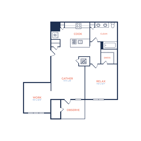 Floor plan for 1 bed, 1 bath, 865 sqft