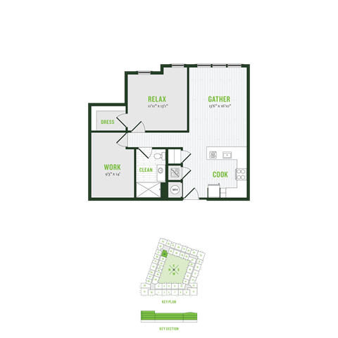 Floor plan for 1 bed, 1 bath, 871 sqft