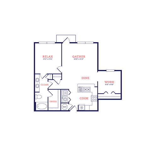 Floor plan for 1 bed, 1 bath, 872 sqft