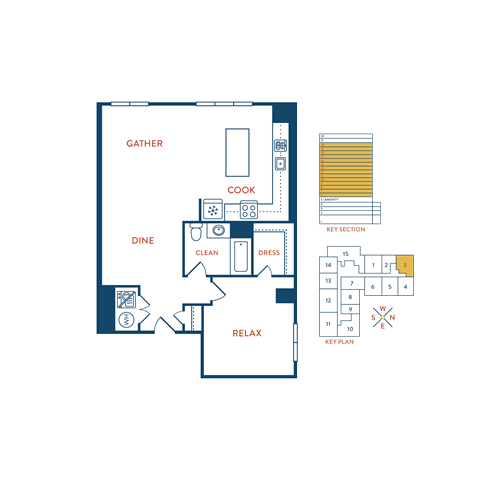 Floor plan for 1 bed, 1 bath, 872 sqft