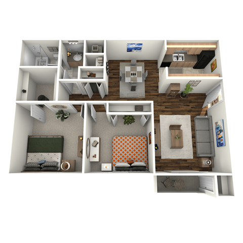Floor plan for 2 beds, 1 bath, 874 sqft