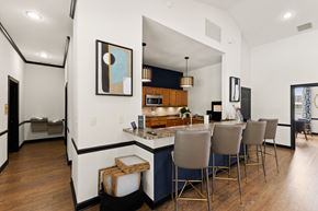 Dade City apartment for rent - A modern kitchen with a bar area and a dining table.
