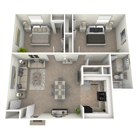 Floor plan for 2 beds, 1 bath, 900 sqft