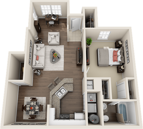 Floor plan for 1 bed, 1 bath, 912 sqft