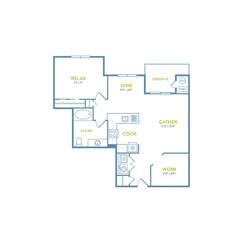 Floor plan for 1 bed, 1 bath, 931 sqft