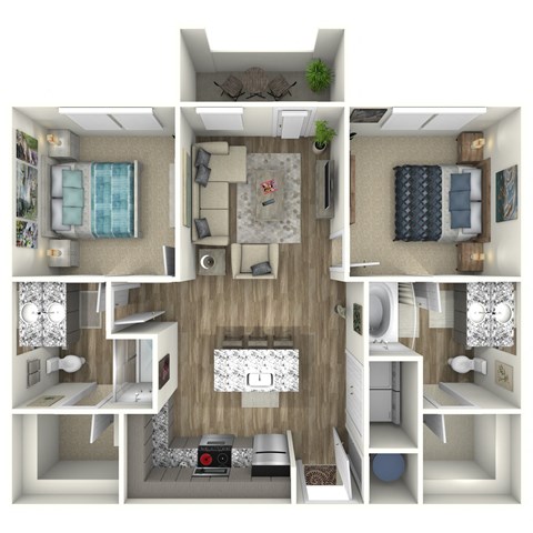 Floor plan for 2 beds, 2 baths, 954 sqft