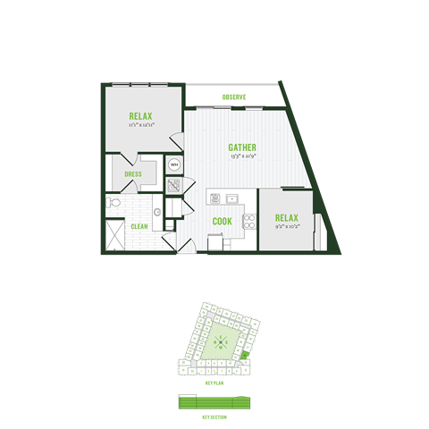 Floor plan for 2 beds, 1 bath, 942 sqft