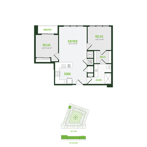 Floor plan for 2 beds, 1 bath, 943 sqft