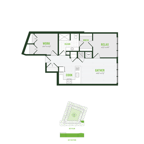 Floor plan for 1 bed, 1 bath, 944 sqft