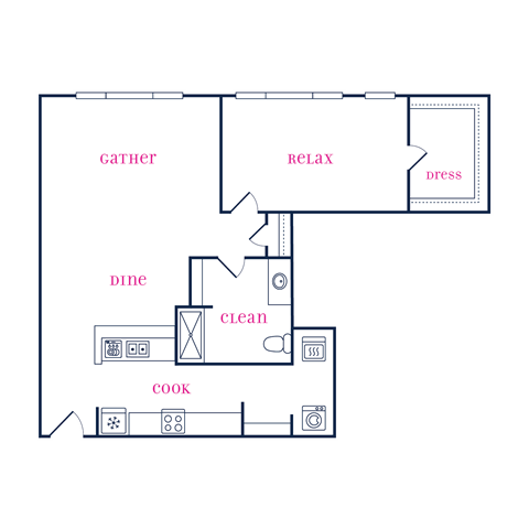 Floor plan for 1 bed, 1 bath, 951 sqft