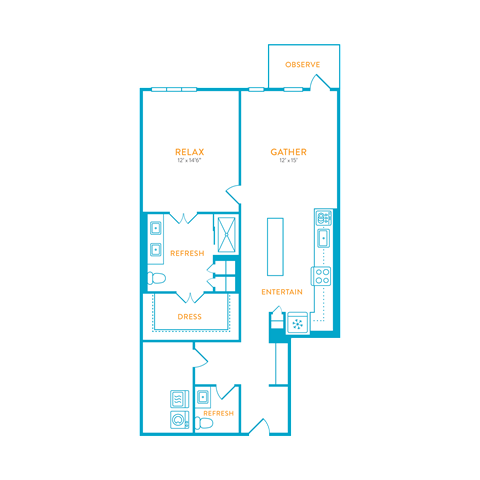 Floor plan for 1 bed, 1 bath, 957 sqft