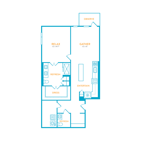 Floor plan for 1 bed, 1 bath, 957 sqft
