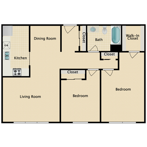 Floor plan for 2 beds, 1 bath, 960 sqft