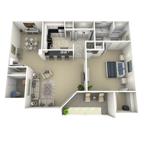 Floor plan for 1 bed, 1 bath, 961 sqft