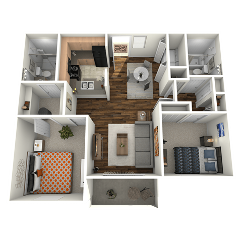 Floor plan for 2 beds, 2 baths, 962 sqft