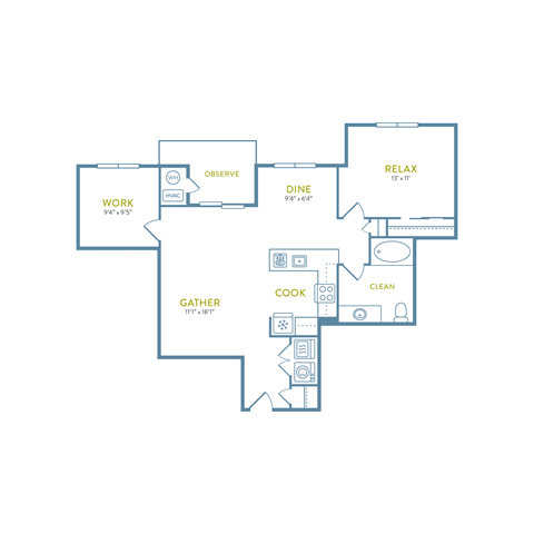 Floor plan for 1 bed, 1 bath, 965 sqft