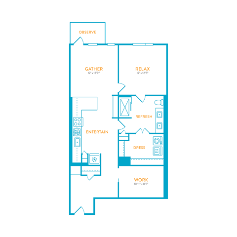 Floor plan for 1 bed, 1 bath, 974 sqft