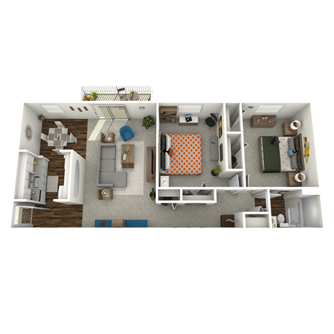 Floor plan for 2 beds, 1 bath, 980 sqft