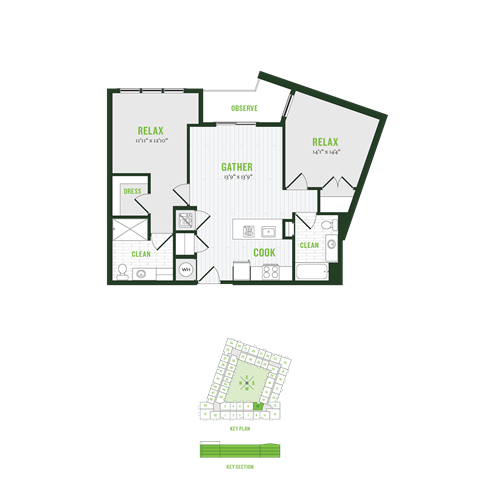 Floor plan for 2 beds, 2 baths, 987 sqft