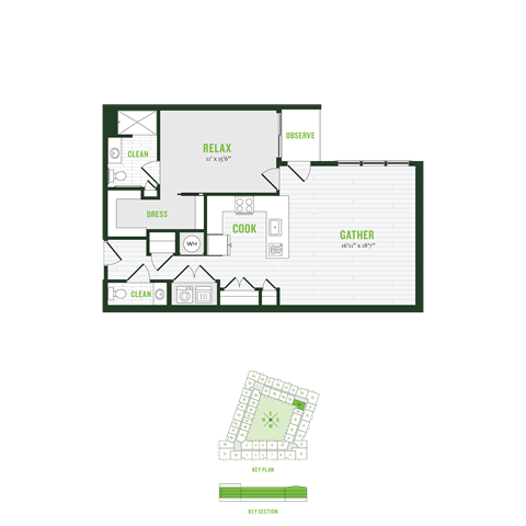 Floor plan for 1 bed, 1.5 baths, 988 sqft