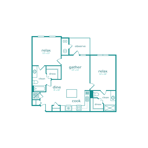 Floor plan for 2 beds, 2 baths, 992 sqft