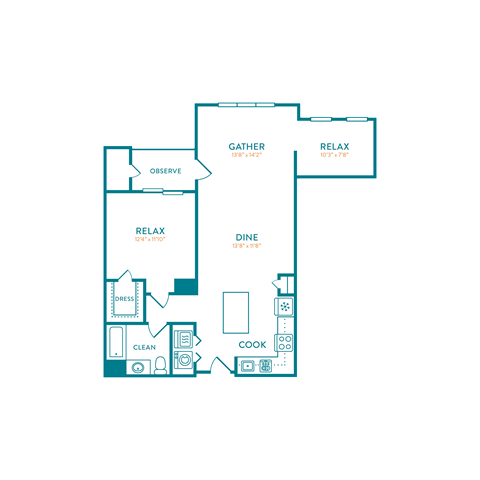 Floor plan for 1 bed, 1 bath, 996 sqft