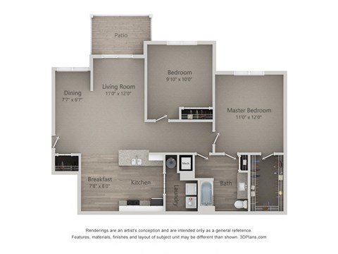 Floor plan for 2 beds, 1 bath, 996 sqft