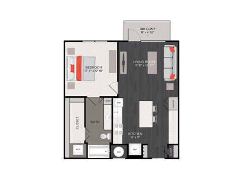 Floor plan for 1 bed, 1 bath, 839 sqft