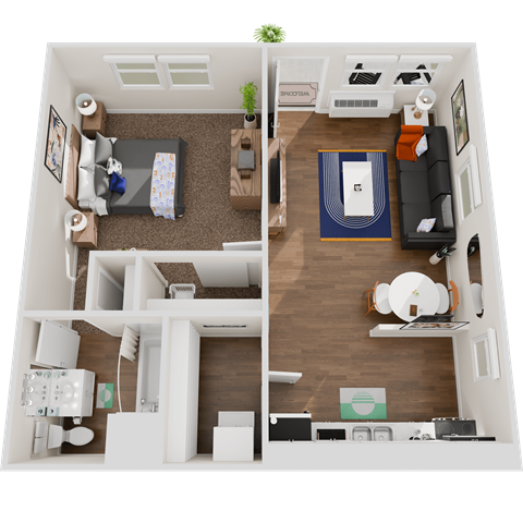 Floor plan for 1 bed, 1 bath, 613 sqft