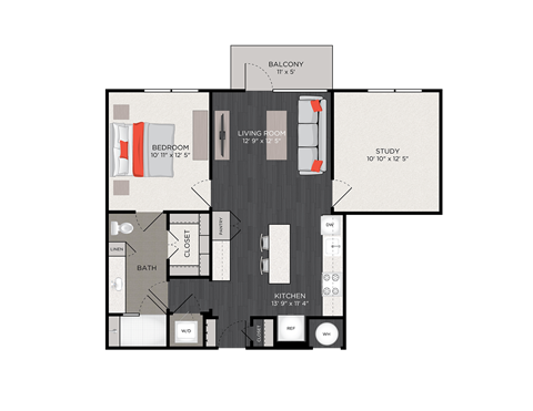 Floor plan for 1 bed, 1 bath, 929 sqft