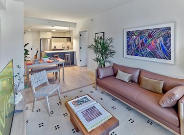 Jersey City apartment for rent - A living room with a brown couch and a coffee table in front of it.