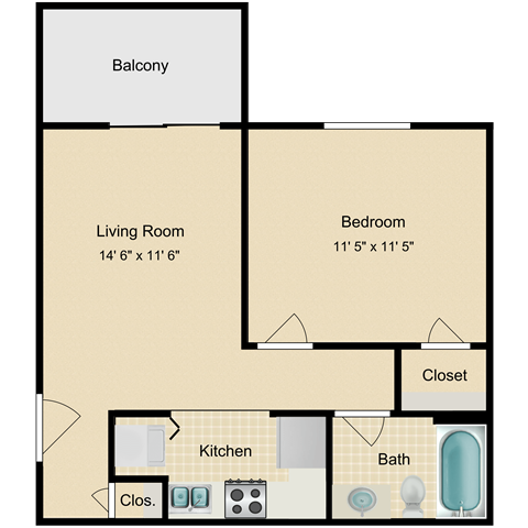 Floor plan for 1 bed, 1 bath, 510 sqft