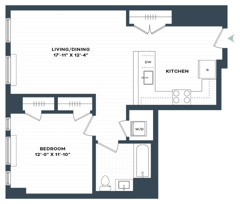 Floor plan for 1 bed, 1 bath, 755 sqft