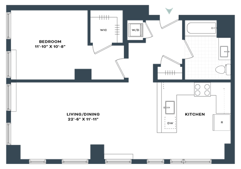 Floor plan for 1 bed, 1 bath, 840 sqft