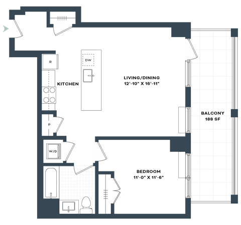 Floor plan for 1 bed, 1 bath, 742 sqft
