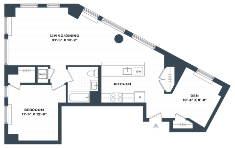 Floor plan for 1 bed, 1 bath, 1068 sqft