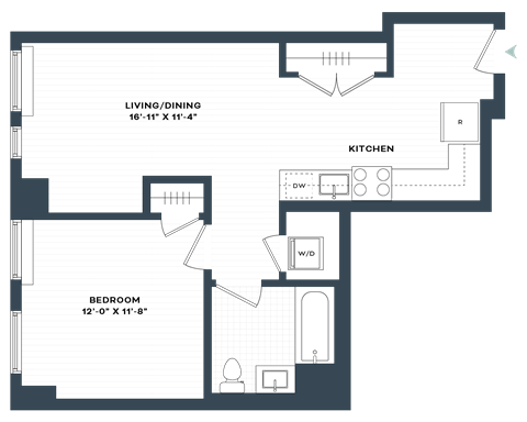 Floor plan for 1 bed, 1 bath, 662 sqft