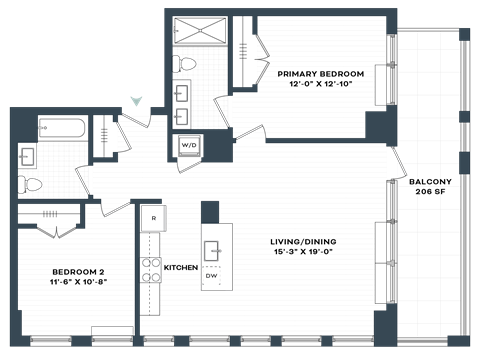 Floor plan for 2 beds, 2 baths, 1078 sqft