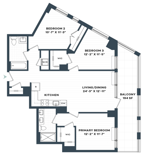 Floor plan for 3 beds, 2 baths, 1211 sqft