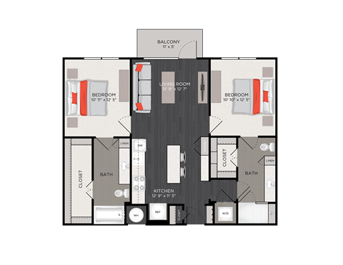 Floor plan for 2 beds, 2 baths, 1077 sqft