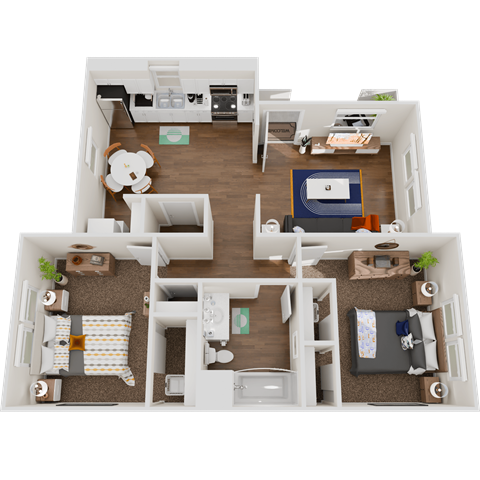 Floor plan for 2 beds, 1 bath, 853 sqft