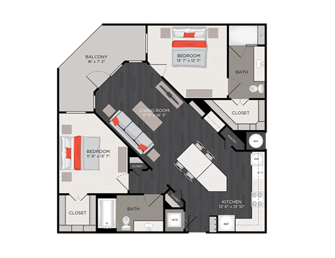 Floor plan for 2 beds, 2 baths, 1136 sqft