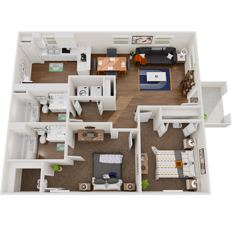 Floor plan for 2 beds, 2 baths, 959 sqft