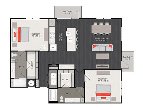 Floor plan for 2 beds, 2 baths, 1523 sqft