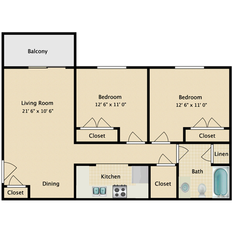 Floor plan for 2 beds, 1 bath, 770 sqft