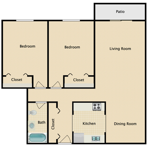 Floor plan for 2 beds, 1 bath, 1020 sqft