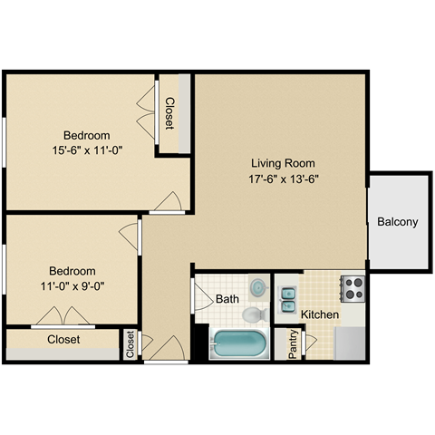 Floor plan for 2 beds, 1 bath, 730 sqft
