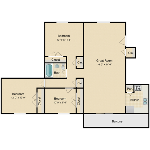 Floor plan for 3 beds, 1 bath, 1170 sqft