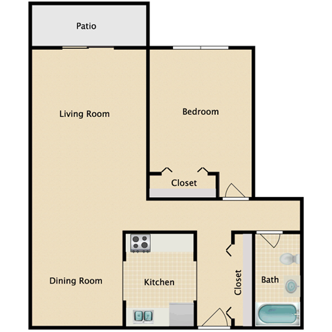 Floor plan for 1 bed, 1 bath, 855 sqft